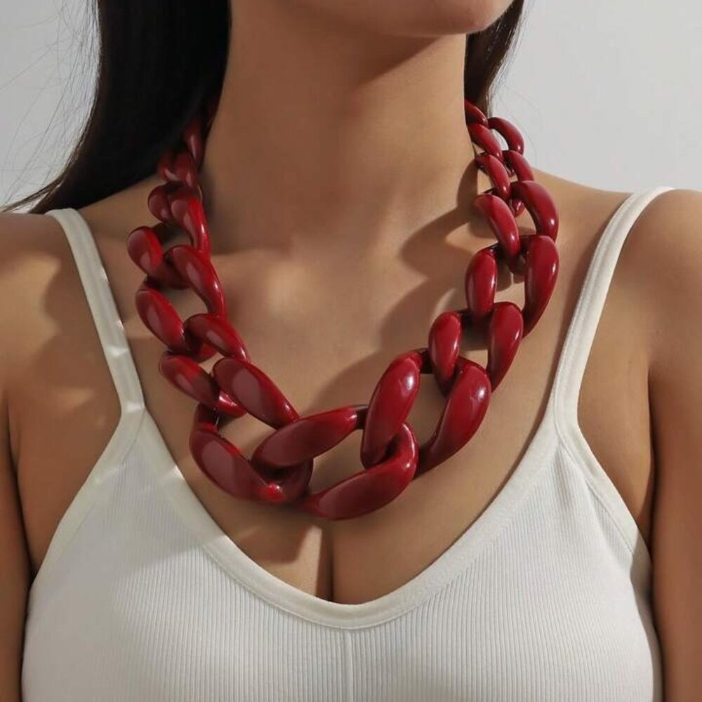 Vibrant Fuchsia Neon Pink Chunky Resin Oversized Chain Link Statement Necklace - Picture 8 of 11